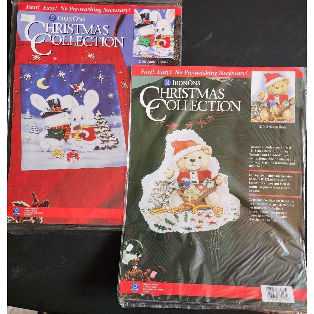 VTG Christmas Holiday Craft LOT Of 2 Iron-on Appliques Snow Bunnies Santa Bears